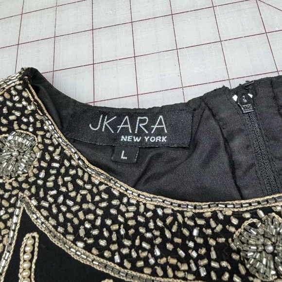 JKARA Black Gold Beaded Tank Top L Scallop Hem Cocktail Party Art Deco Glam - Picture 7 of 8